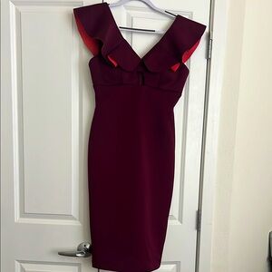 Gianni Bini Burgundy Midi Sheath Dress with Flutter Sleeves and Peekaboo Front